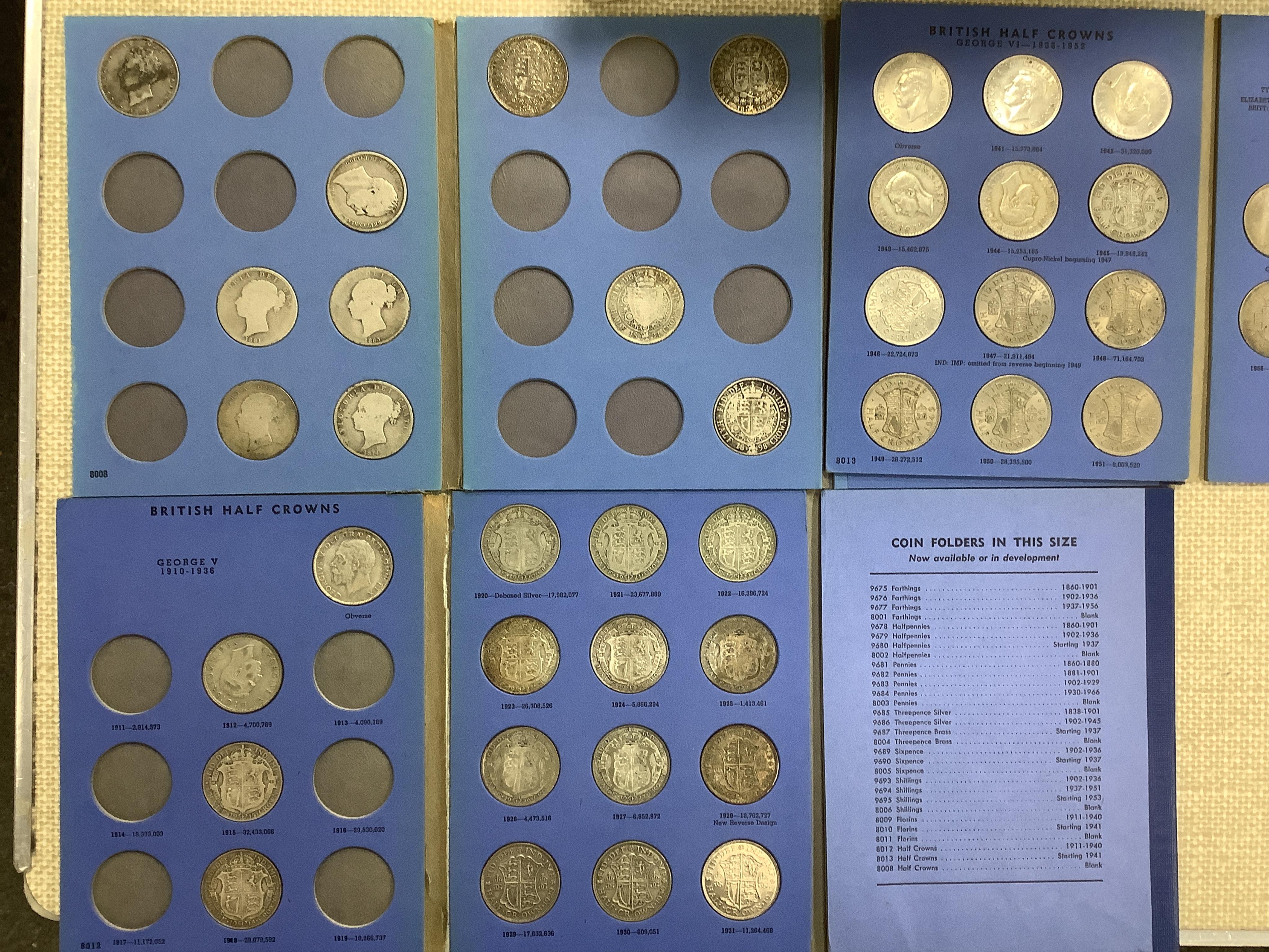 British silver and cupronickel coins, George IV to Elizabeth II halfcrowns, incomplete, set into coin folders, various grades